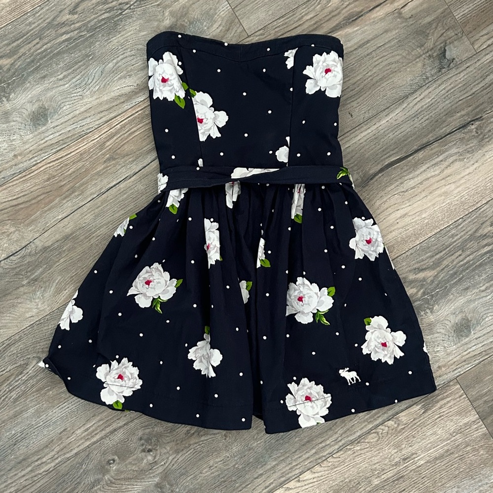 Abercrombie kids 9/10 strapless navy blue floral dress tie belt size large 9 10